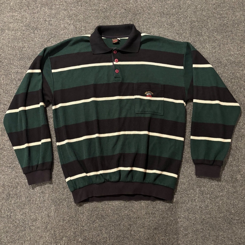 Paul & Shark Yachting Green Navy Striped Ribbed Knit Polo Rugby Men's Medium